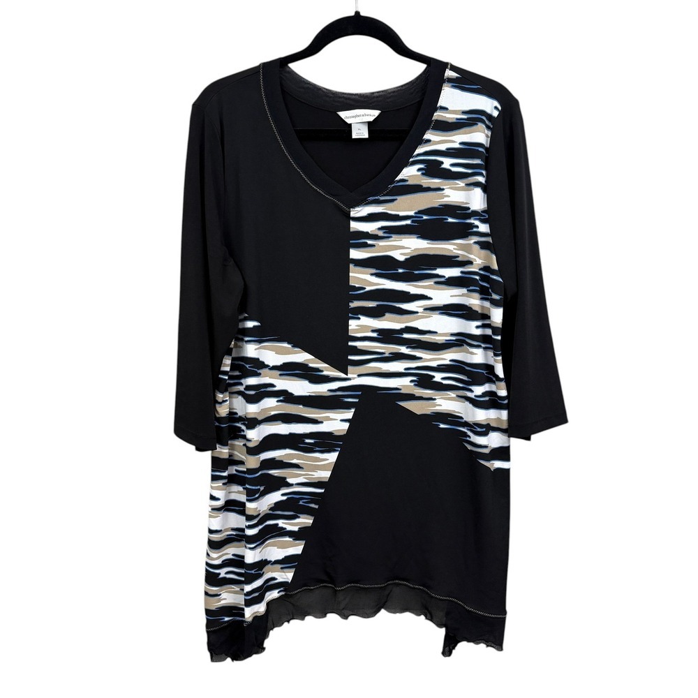 Christopher & Banks Black Abstract Print Asymmetrical Hem Knit Top Women XL*